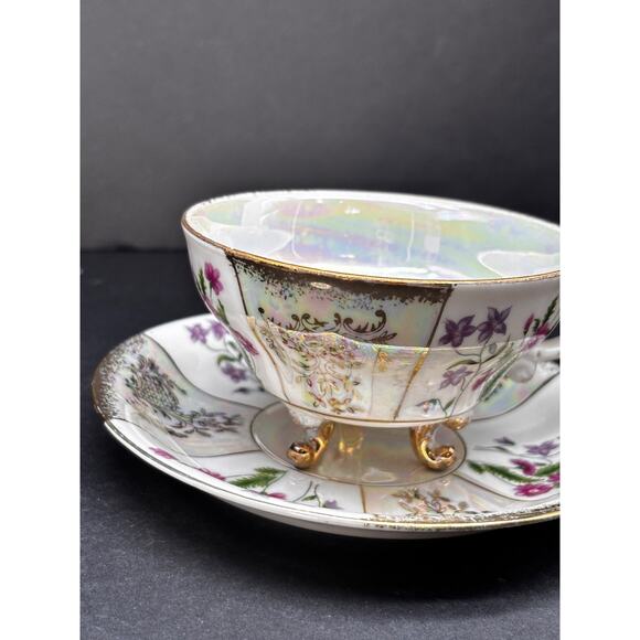 Vtg 3 Footed Teacup Saucer Pearlescent Irridescent Luster ware Floral Gold Trim - Picture 14 of 15